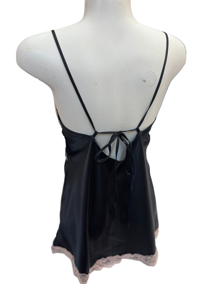 Silky Lace Trim Chemise - Black / Rose Gold