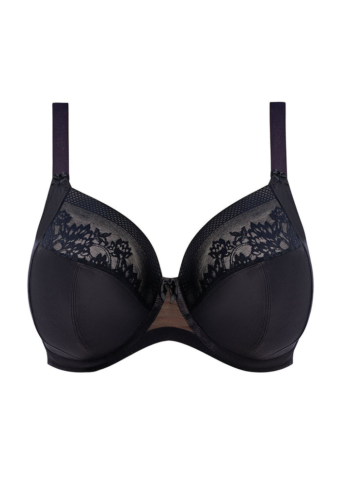 Black bra with lace detailing on a white background