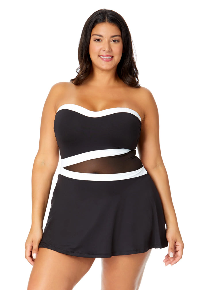 Mesh Around Paneled Strapless Mesh Swim Dress
