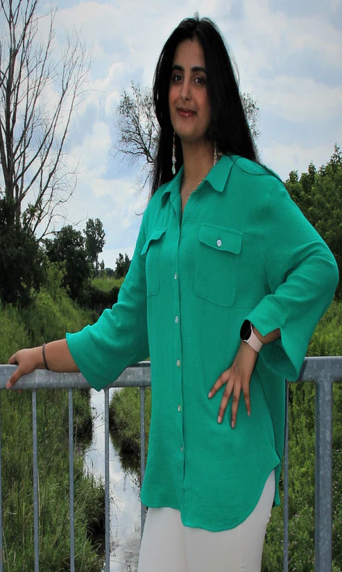3/4 Sleeve Cotton Woven Blouse - Green