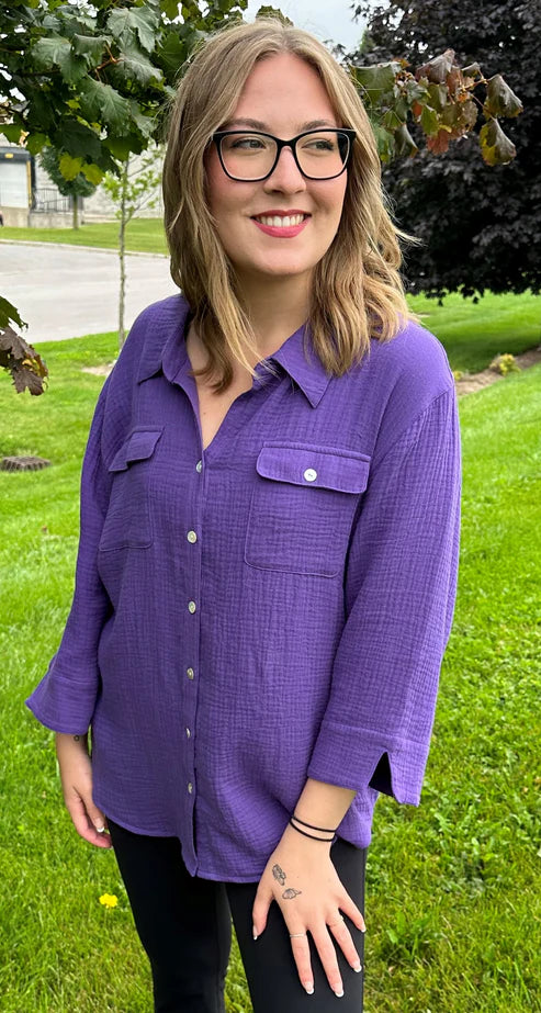 3/4 Sleeve Cotton Woven Blouse - Purple