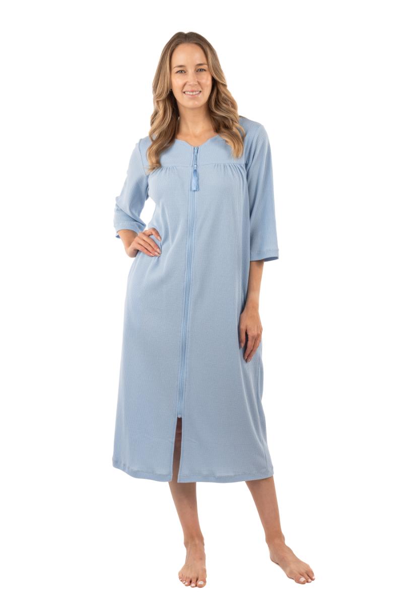 Mini Waffle 3/4 Sleeve Zip Robe - Blue
