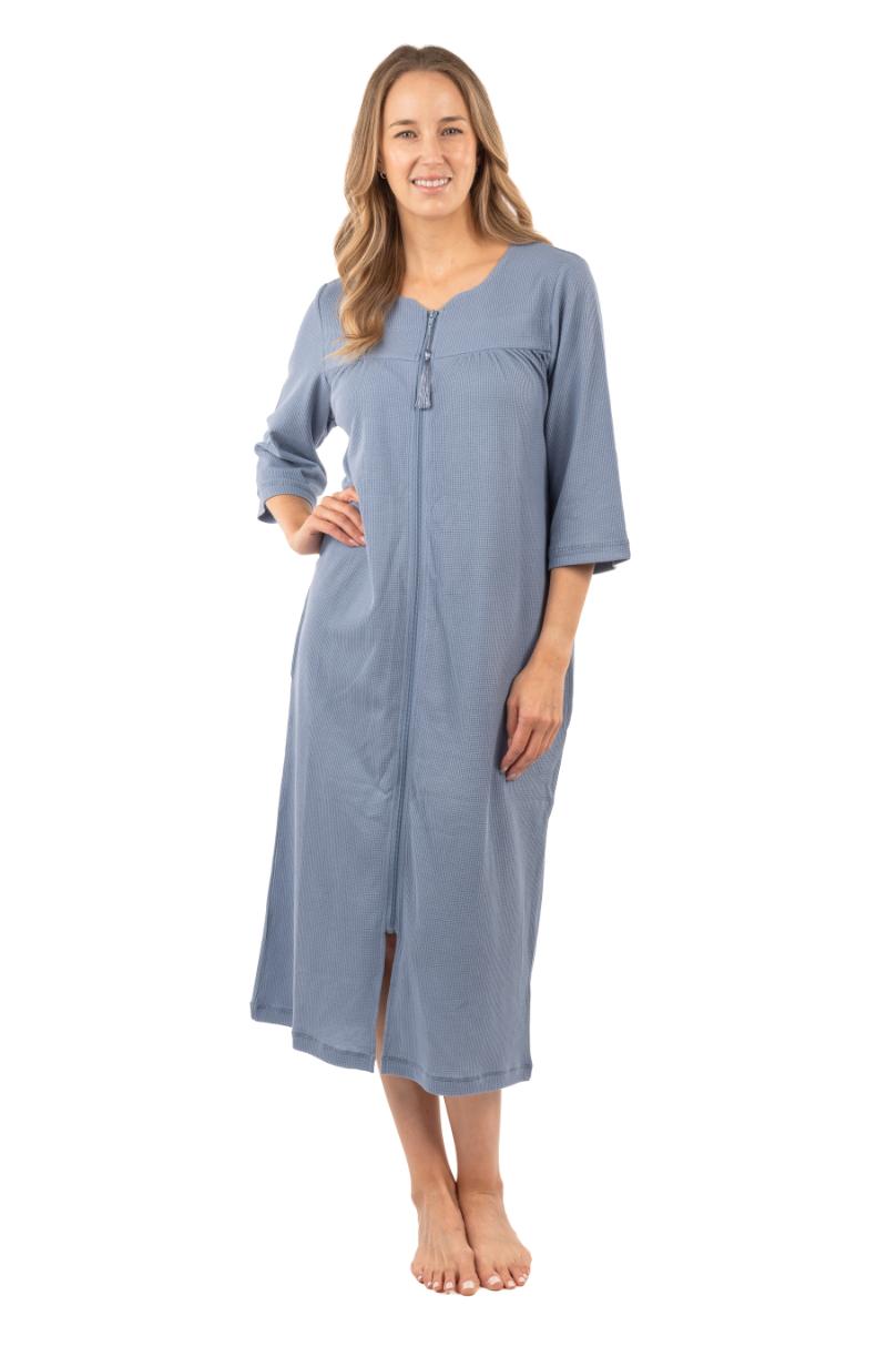 Mini Waffle 3/4 Sleeve Zip Robe - Denim