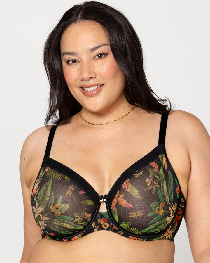 Sheer Mesh Full Coverage Unlined Underwire Bra - Dragonfly Garden