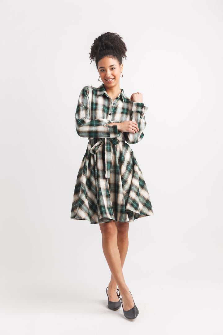 PLAID COLLARED FLARE SHIRT DRESS