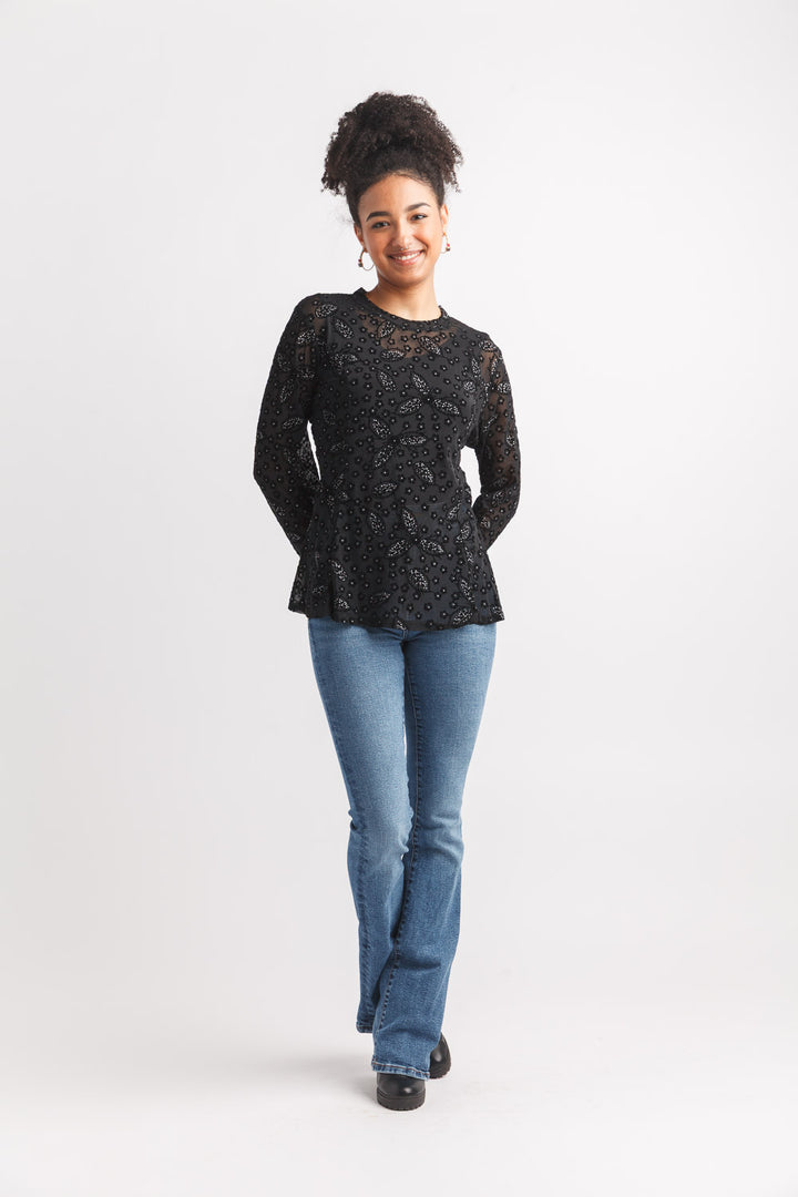 Floarl Rinestone Burnout Peplum Style Blouse