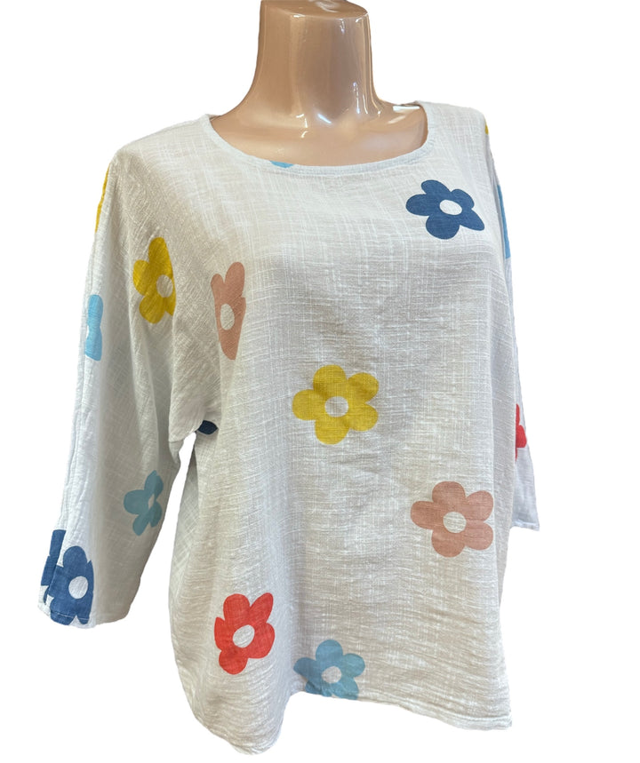 Fun Flower 3/4 Sleeve Cotton Top