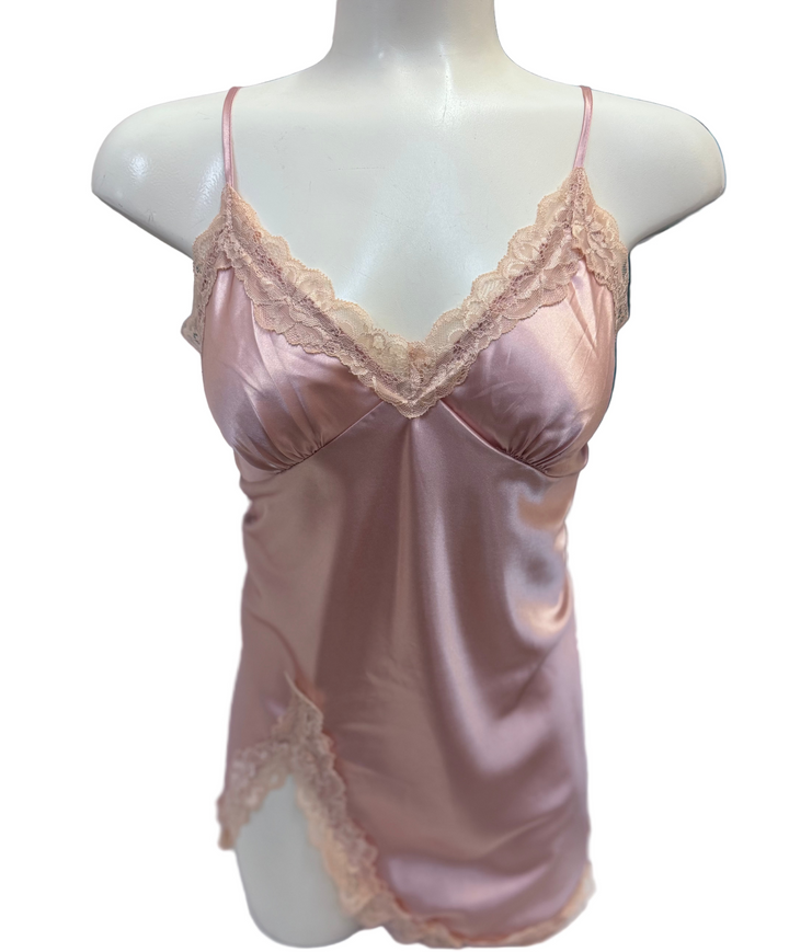 Silky Lace Trim Chemise - Pink / Champagne