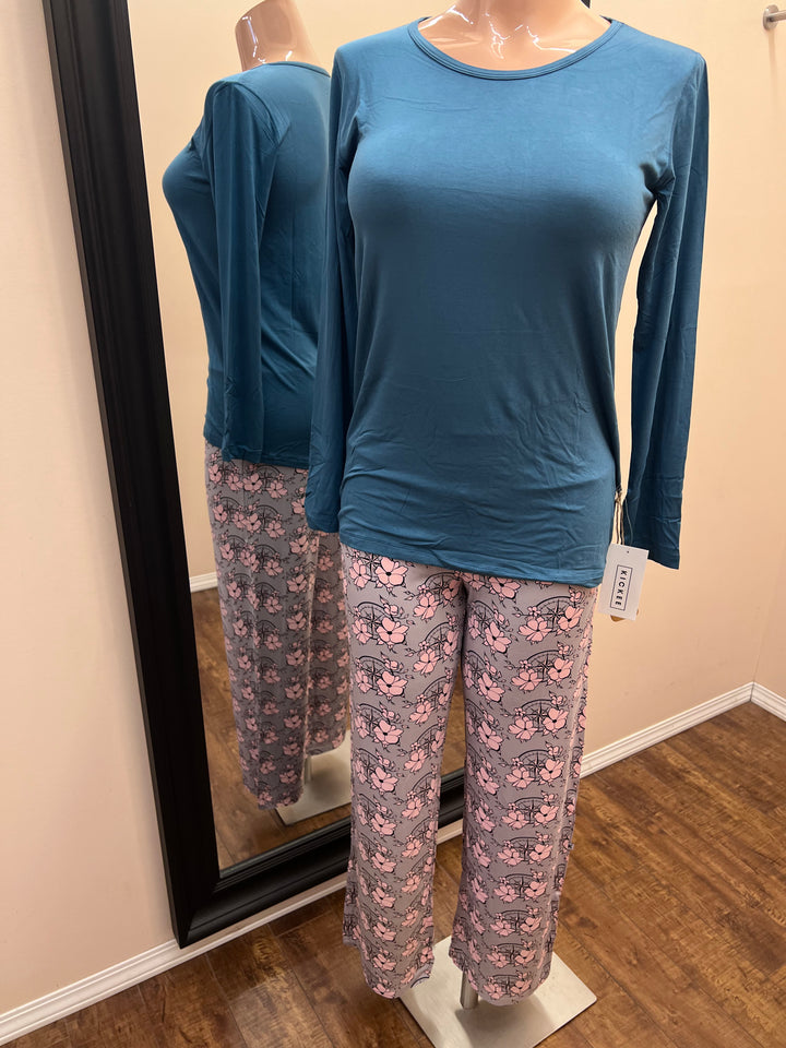 Printed Long Sleeve Loosey Goosey Tee & Pajama Set - Feather Nautical Floral