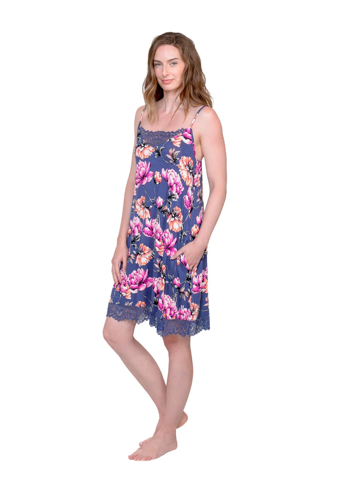 Floral Chemise with Lace Detail - Blue Peony