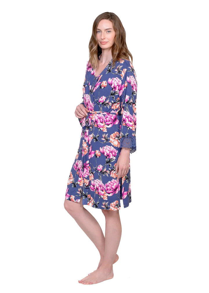 Floral Lace 3/4 Sleeve Robe - Blue Peony
