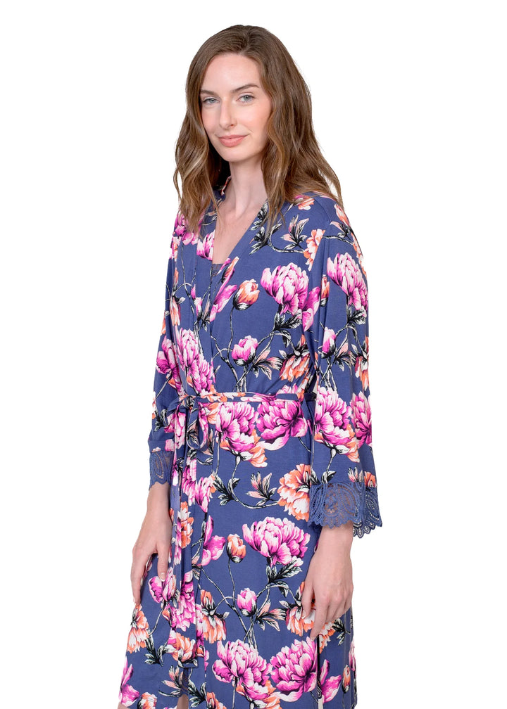 Floral Lace 3/4 Sleeve Robe - Blue Peony