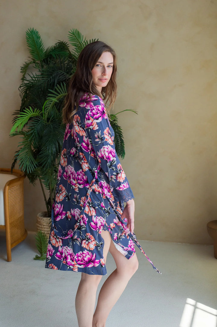 Floral Lace 3/4 Sleeve Robe - Blue Peony