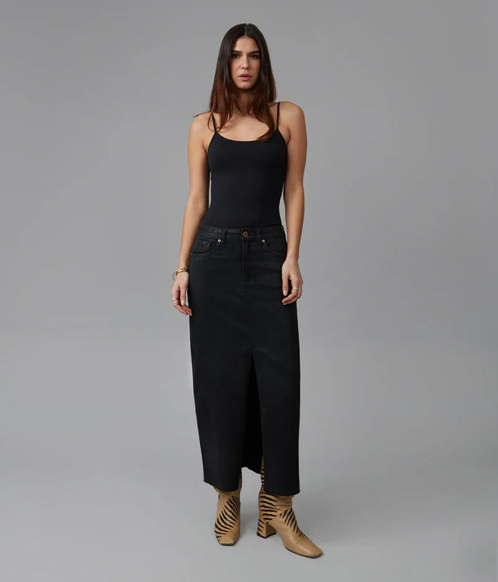 Halston High Rise Maxi Skirt - Coated Black