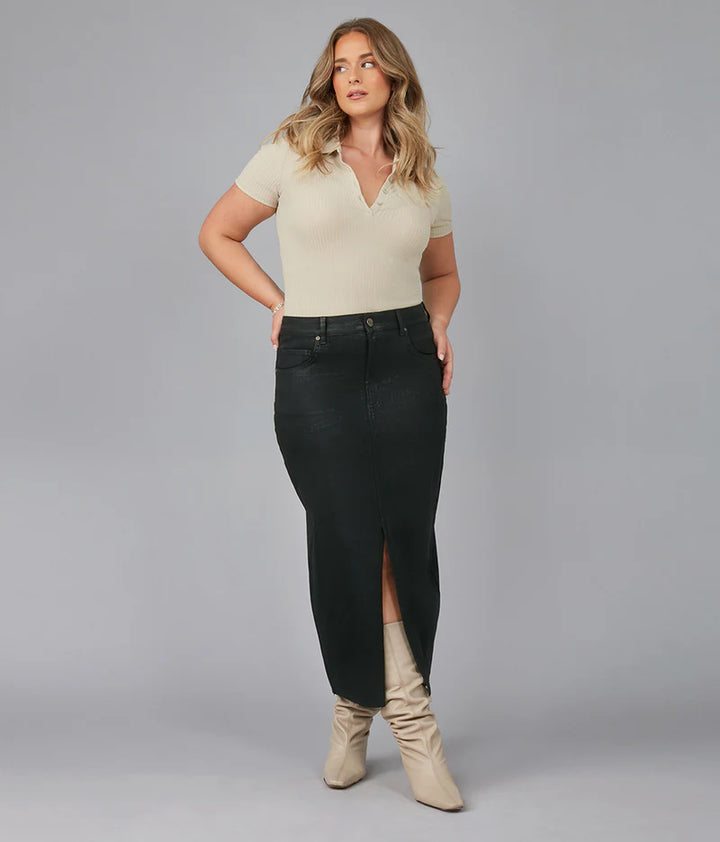 Halston High Rise Maxi Skirt - Coated Black