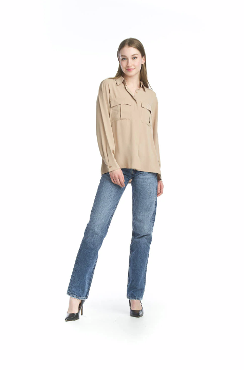 Collared Button Front Blouse with Pockets