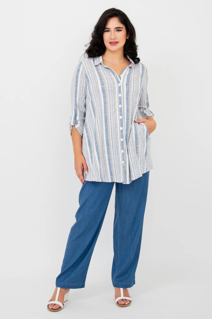 Celine Linen / Bamboo Blouse - Sand Stripe