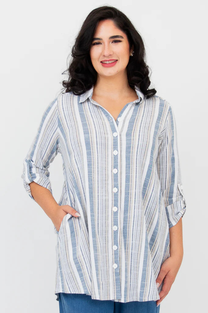 Celine Linen / Bamboo Blouse - Sand Stripe