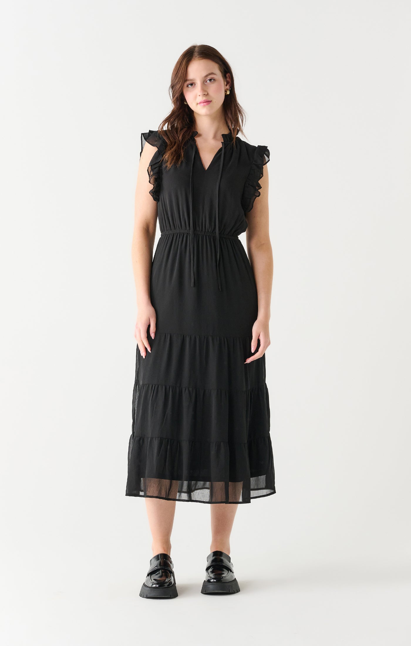 Ruffle sleeve tiered midi dress Cleo Black XS Black Tape