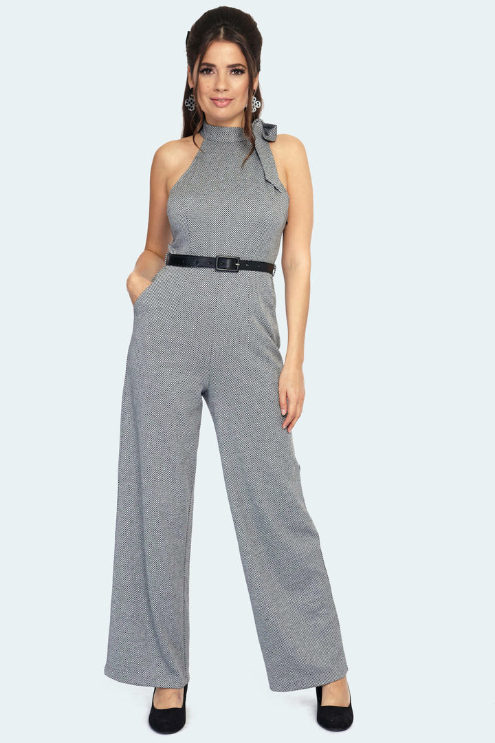 Tie Collar Halter Knit Jumpsuit With Pockets