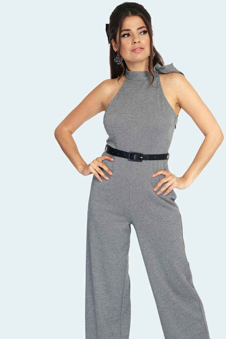 Tie Collar Halter Knit Jumpsuit With Pockets