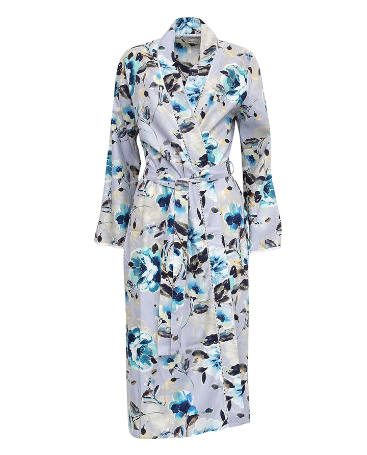 Maeve Lace Trim Grey Floral Print Long Robe