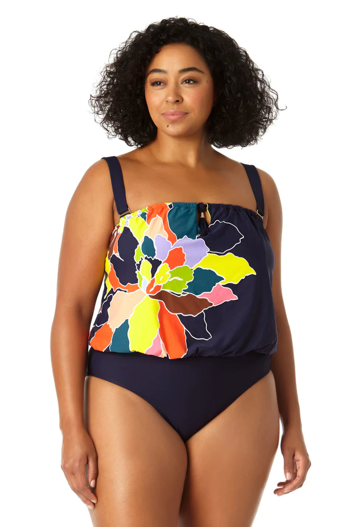 Strapless Blouson Keyhole One Piece Swimsuit