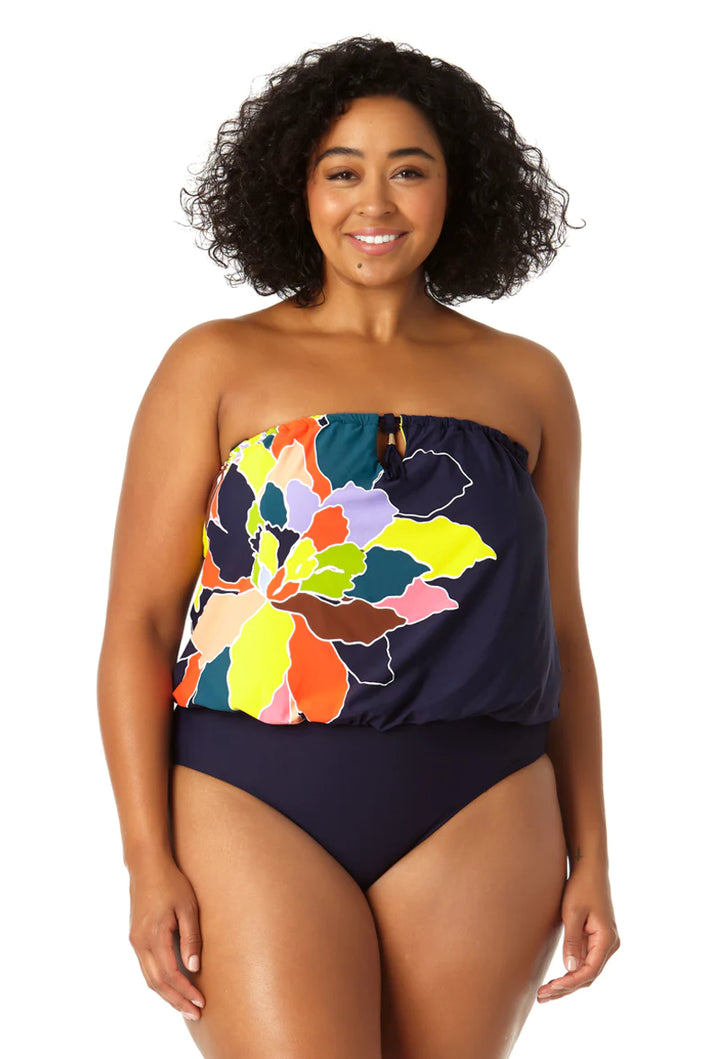 Strapless Blouson Keyhole One Piece Swimsuit