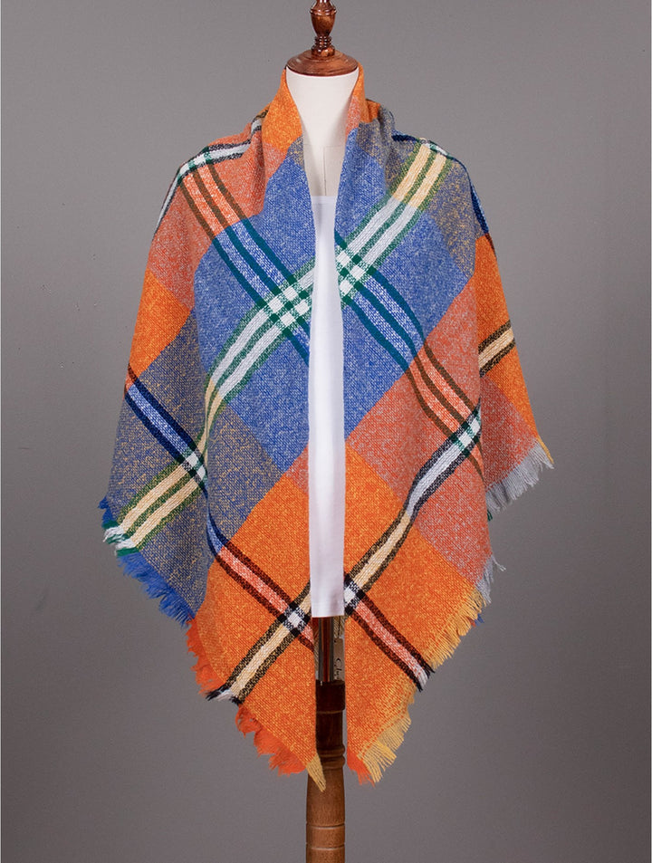 Woven Plaid Patterned Blanket Scarf W/ Fringe