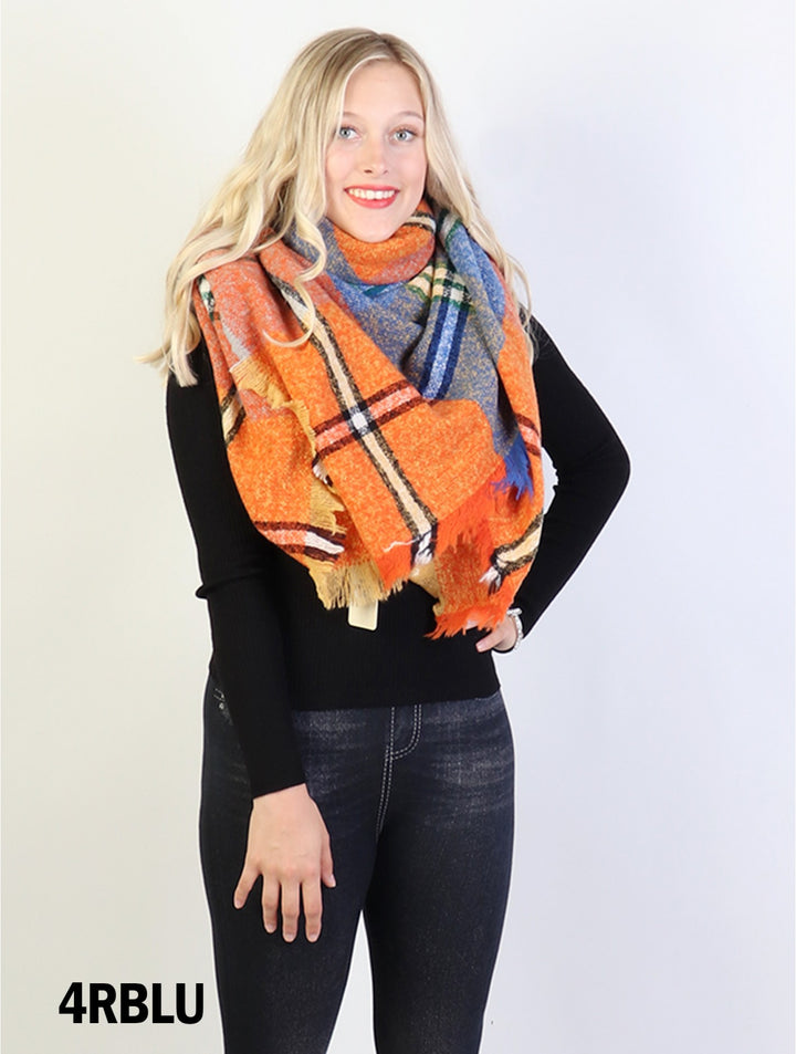 Woven Plaid Patterned Blanket Scarf W/ Fringe