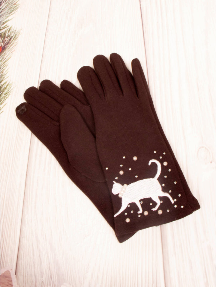 Cat Print Touch Screen Glove w/ Rhinestone & Pearls