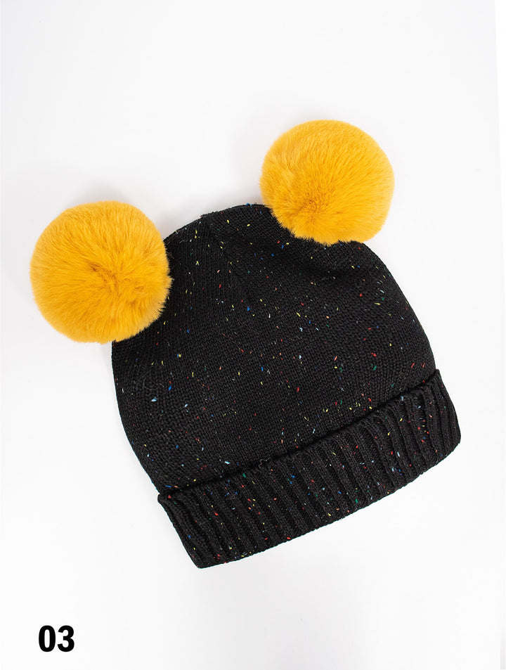 Colourful Speckled Knit Hat w/ Removable Double Pom Pom