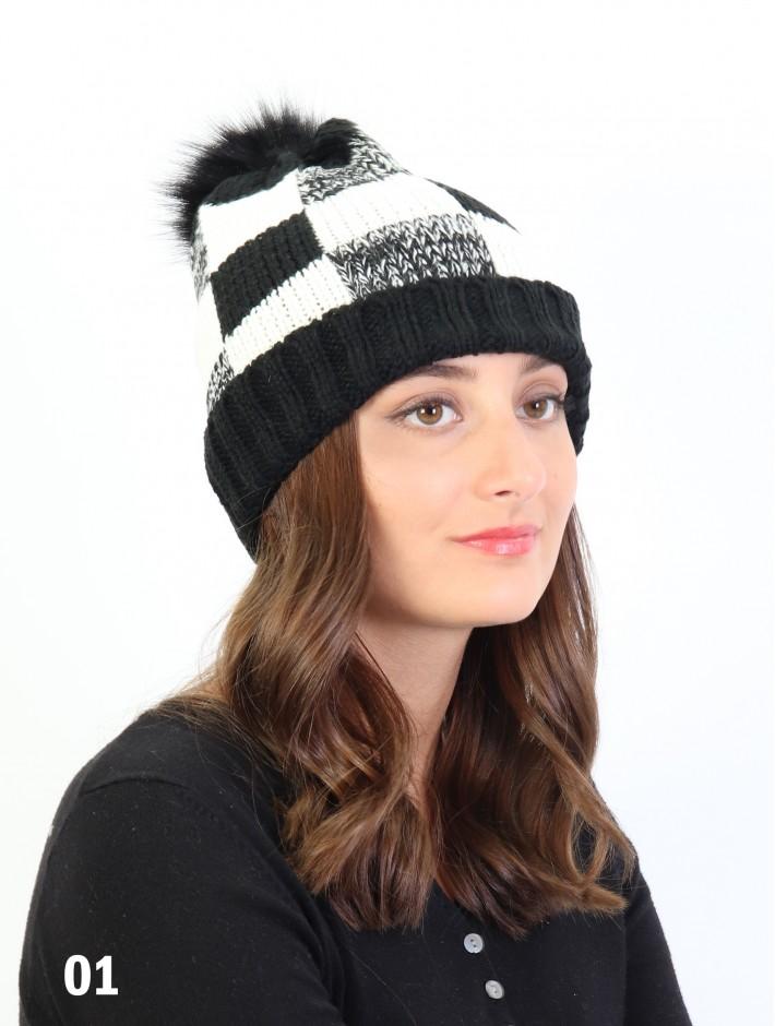 Plaid Knitted Hat w/ Pom Pom