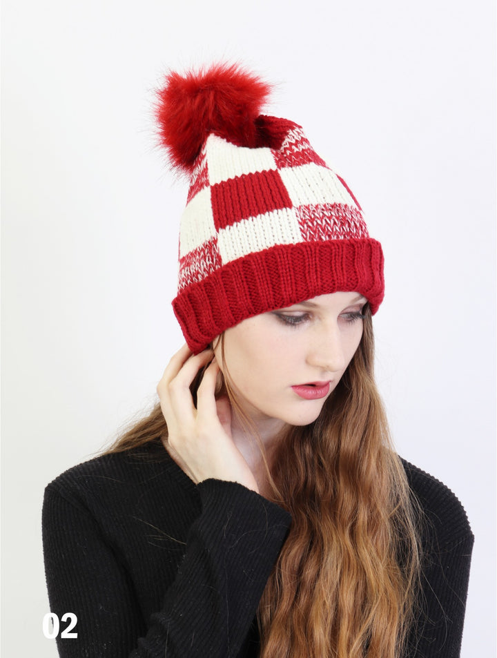 Plaid Knitted Hat w/ Pom Pom