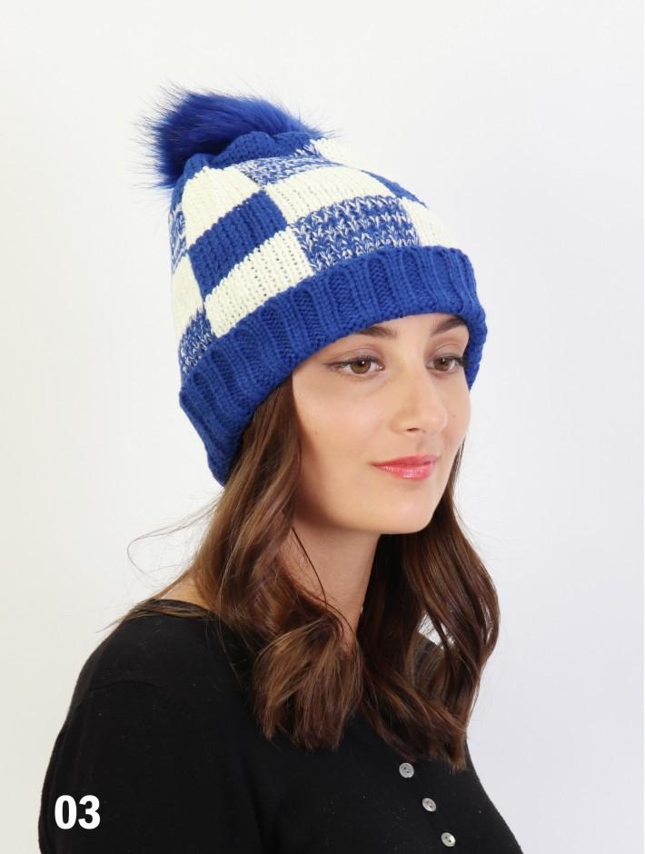 Plaid Knitted Hat w/ Pom Pom