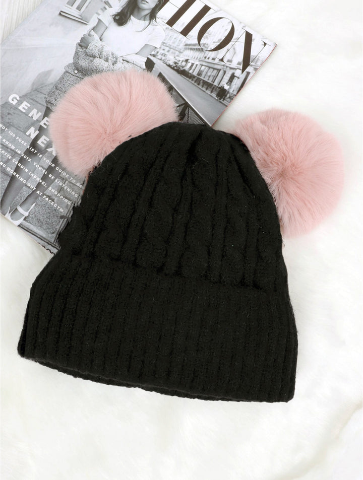 Double Pom Pom Knitted Hat (Plush Inside)