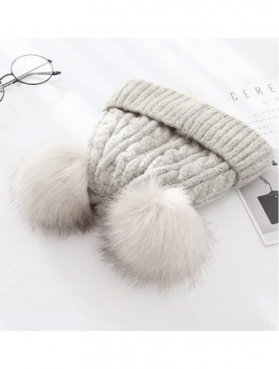 Double Pom Pom Knitted Hat (Plush Inside)