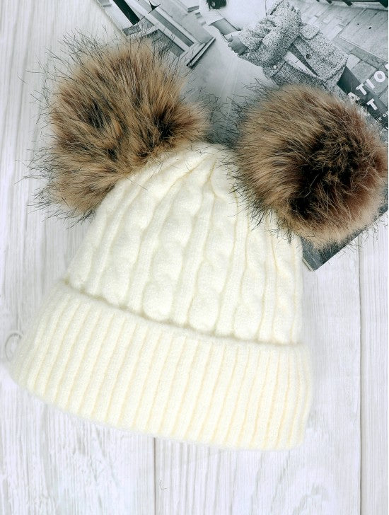 Double Pom Pom Knitted Hat (Plush Inside)