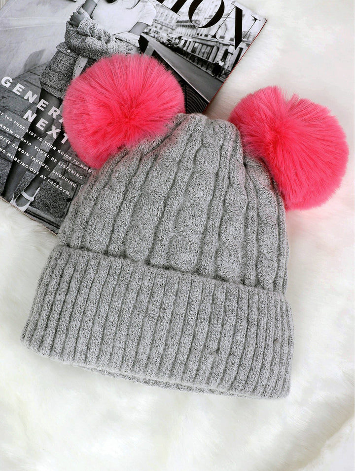 Double Pom Pom Knitted Hat (Plush Inside)