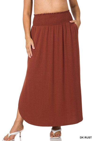 Smocked Waist Side Slit Maxi Skirt with Pockets