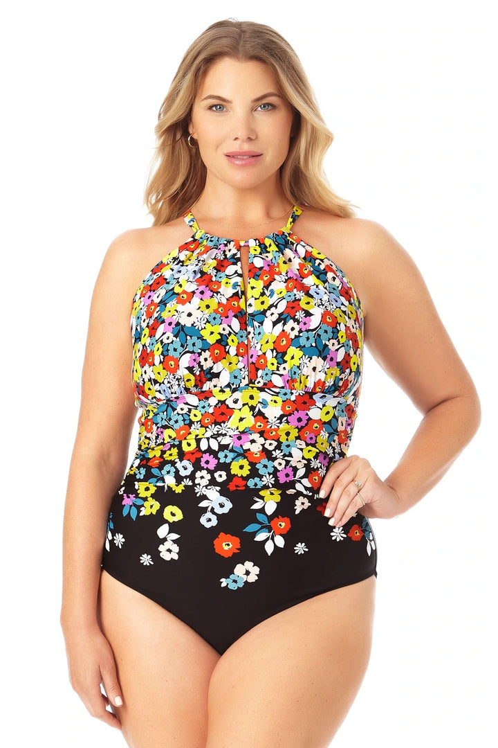 High Neck With Ruffle Straps One Piece Swimsuit - Size 24