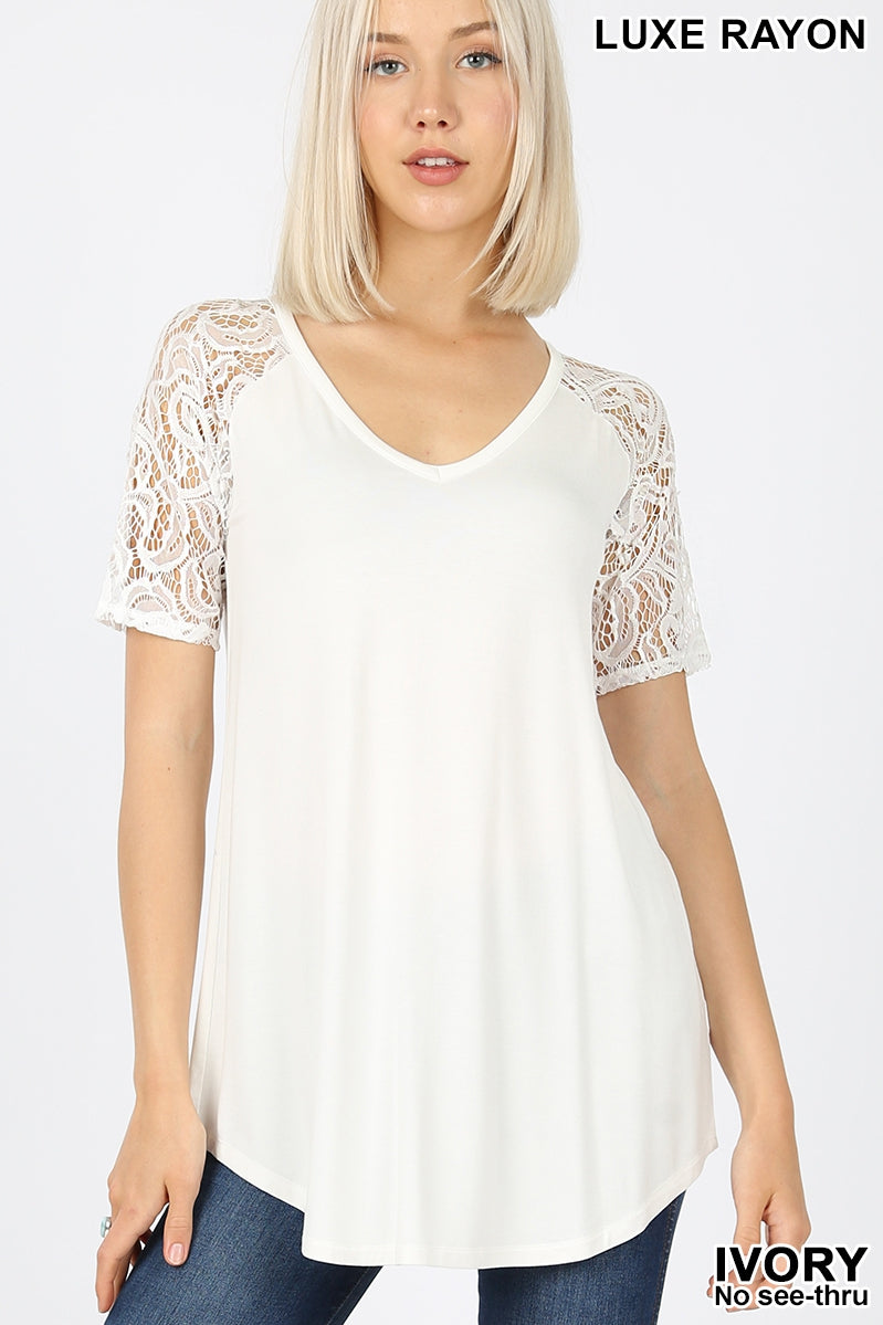 LUXE RAYON LACE V NECK ROUND HEM - Size Large