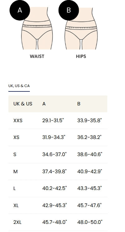 Measurement chart for waist and hips with size guide in UK, US, and CA.
