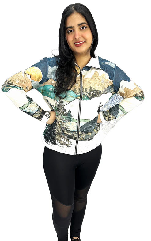Winter Theme Knitted Printed Zip Pullover