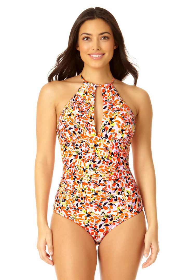 High Neck w/ Ruffled Straps One Piece - Whirlpool Ditsy