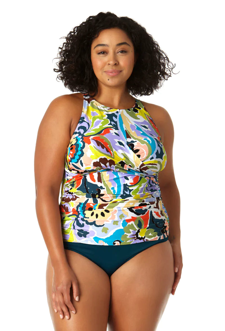 Front Wrap High-Neck Keyhole Tankini Top