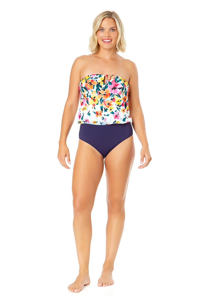 Gradient Floral Strapless Blouson Keyhole One Piece Swimsuit