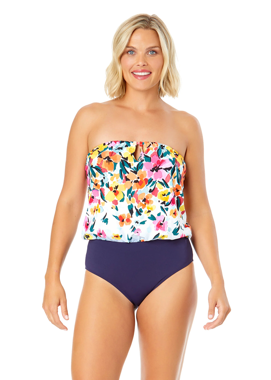 Gradient Floral Strapless Blouson Keyhole One Piece Swimsuit