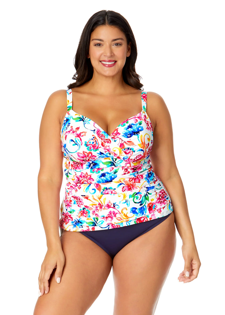 Watercolor Paisley Twist Front Underwire Tankini Swim Top