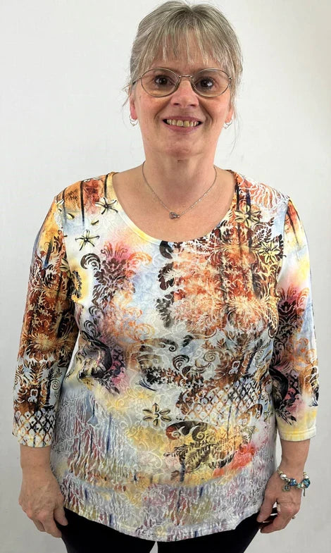 Knitted Printed 3/4 Sleeve Lace Top